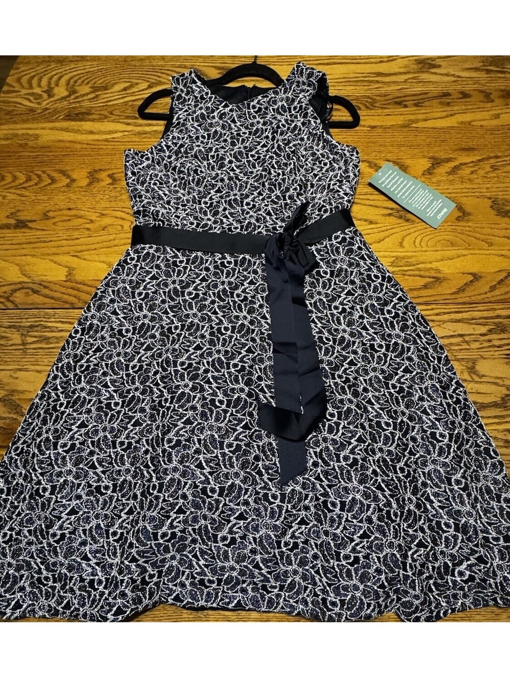 Jackie Jon New York Dress 12 NWT $100 Navy Silver Lace Fit Flare Formal